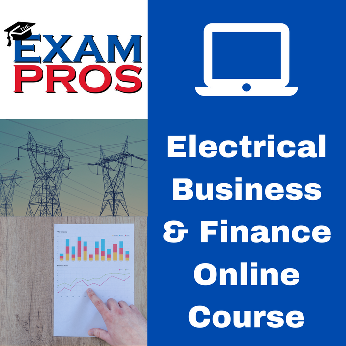 Exam Pros logo with transmission towers and hand pointing to financial charts beside text for electrical business finance course