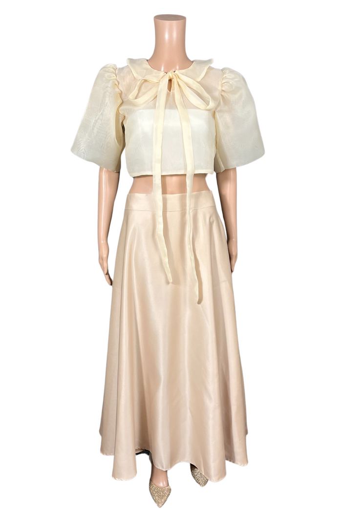 Elegant Light Beige Kimona with Modern Puff Sleeve and Skirt