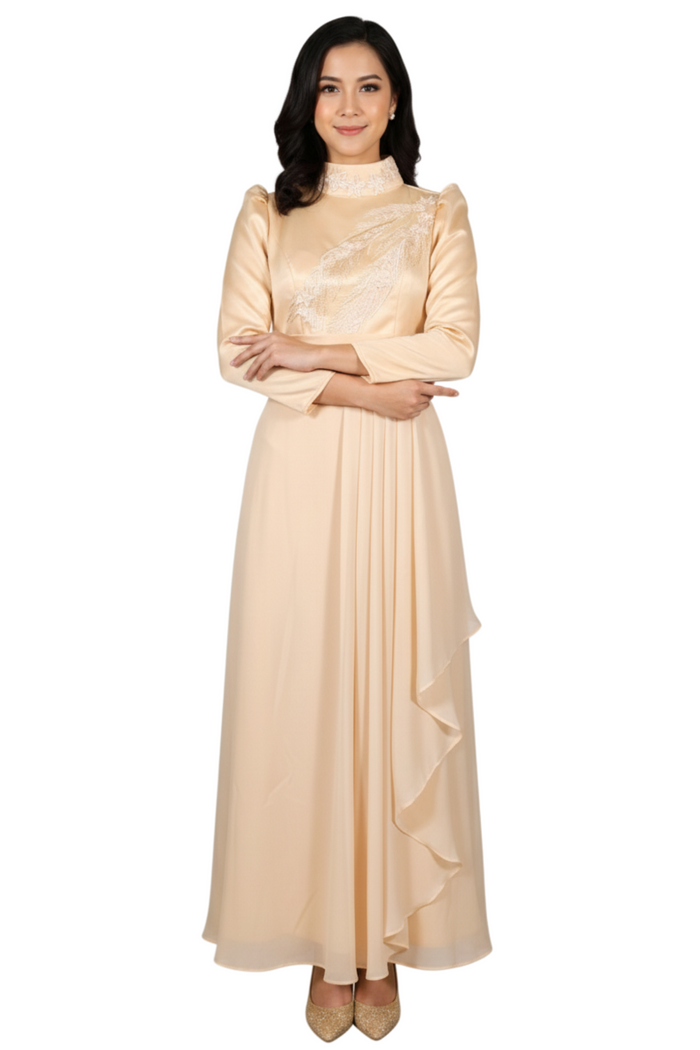 Long Sleeved Beige Filipiniana Terno Dress