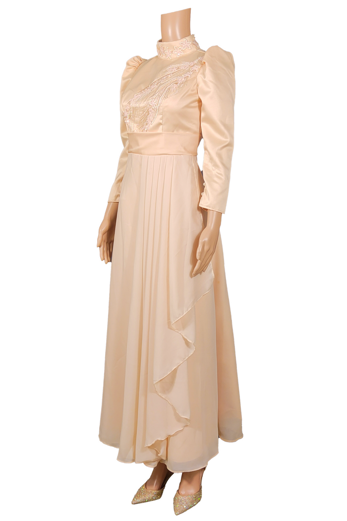 Elegant Long-Sleeve Filipiniana Dress with Flowing Pleats