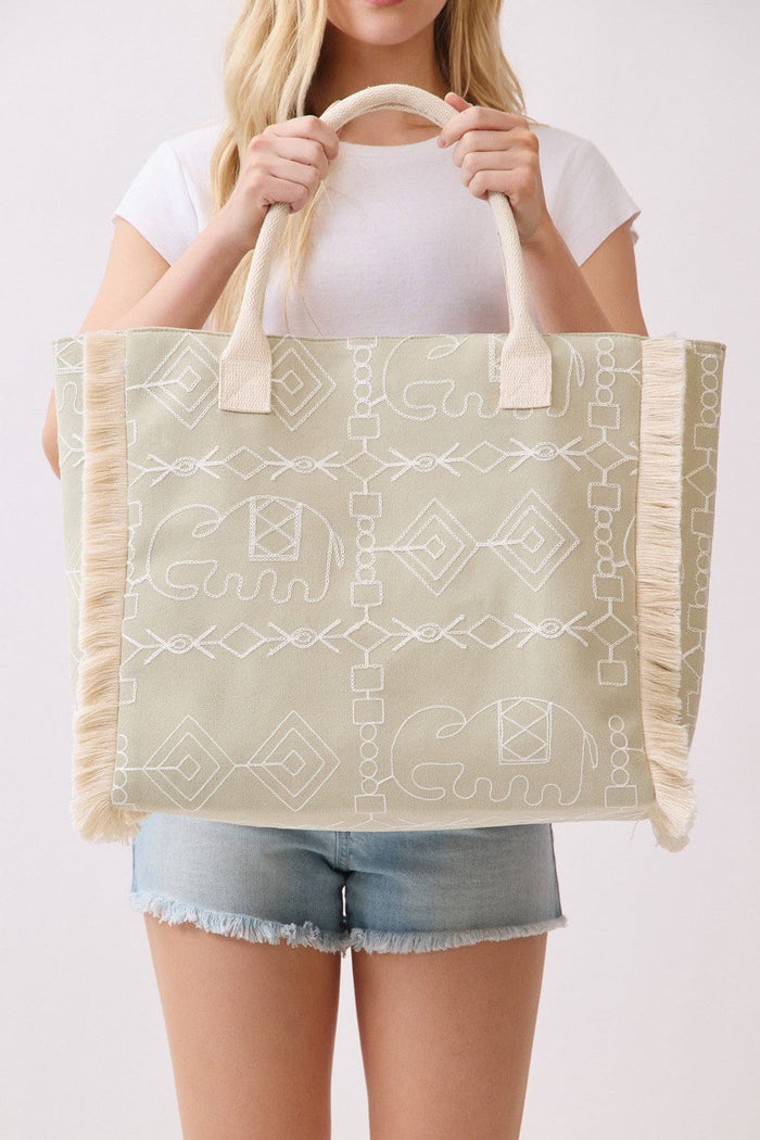 Elephant Print Fringe Beach Tote Bag