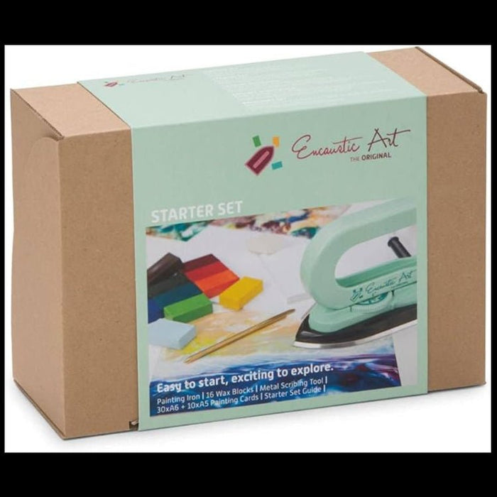 Encaustic Art starter set packaging with a green paint iron on a white background
