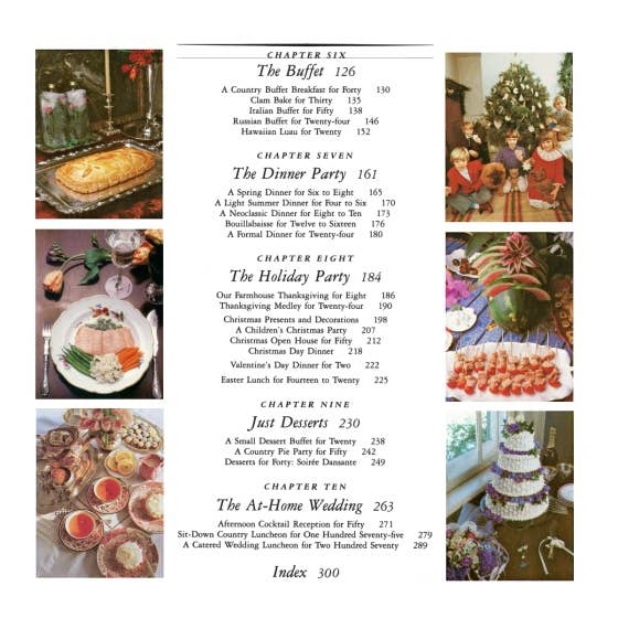 Page from a cookbook or menu with images of food and people, and chapter headings.