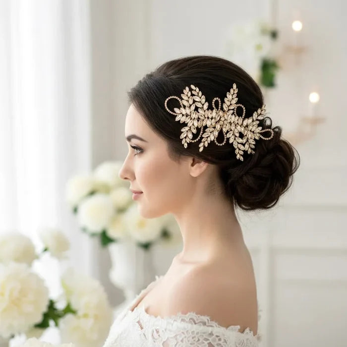 Champagne Crystal Bridal Hair Vine in Gold - Flexible Wedding Hair Accessory
