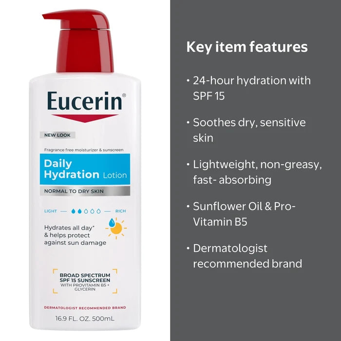 Eucerin Daily Hydration Lotion SPF15 500ml لوشن يوسيرين للترطيب اليومي بعامل حماية من الشمس 15 - Princess Cosmetics Qatar