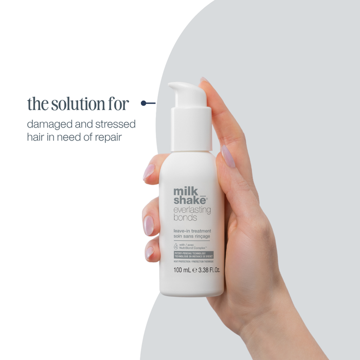 Hand holding a bottle of 'milk shake' hair treatment with text on a white background
