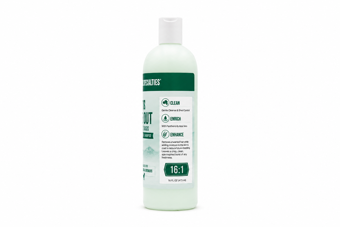 A bottle of Nature's Specialties Ez Out Fresh Oasis Deshedding Shampoo on a solid white background.