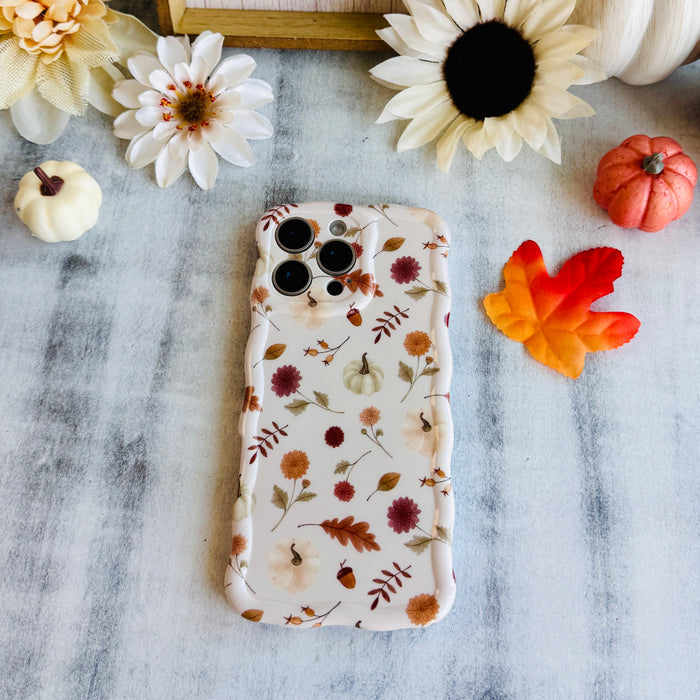 Fall Floral Bliss Wavy Luxe MagSafe Case for iPhone â The hand-illustrated watercolor design features iconic fall elementsâburgundy mums, golden oak leaves, tiny pumpkins, delicate acorns, and warm...