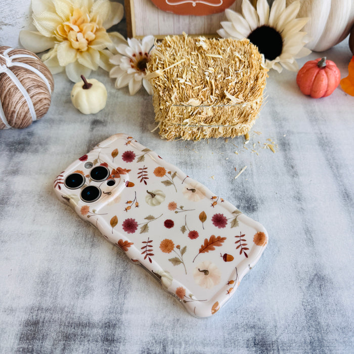 Fall Floral Bliss Wavy Luxe MagSafe Case for iPhone â The hand-illustrated watercolor design features iconic fall elementsâburgundy mums, golden oak leaves, tiny pumpkins, delicate acorns, and warm...