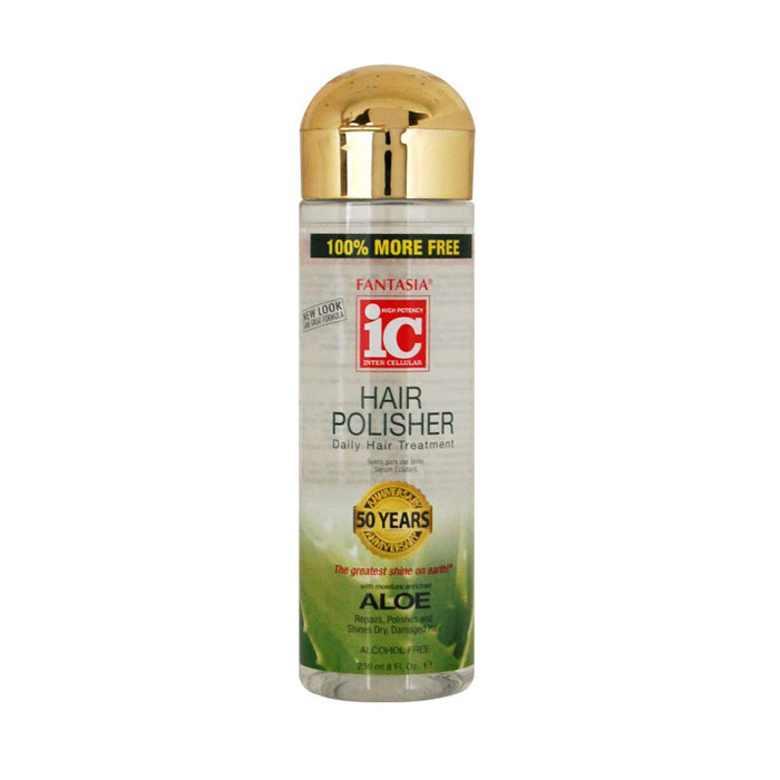 Fantasia IC Hair Polisher Aloe Hair Treatment clear bottle with gold cap aloe label and 50 years badge