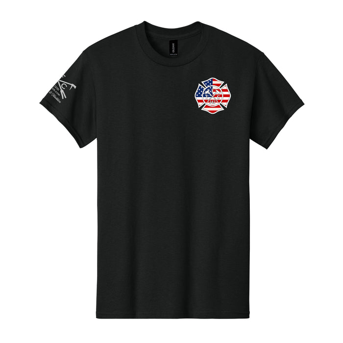 FFC 343 American Brotherhood firefighter T-shirt with Maltese Cross and American Flag design #color_black