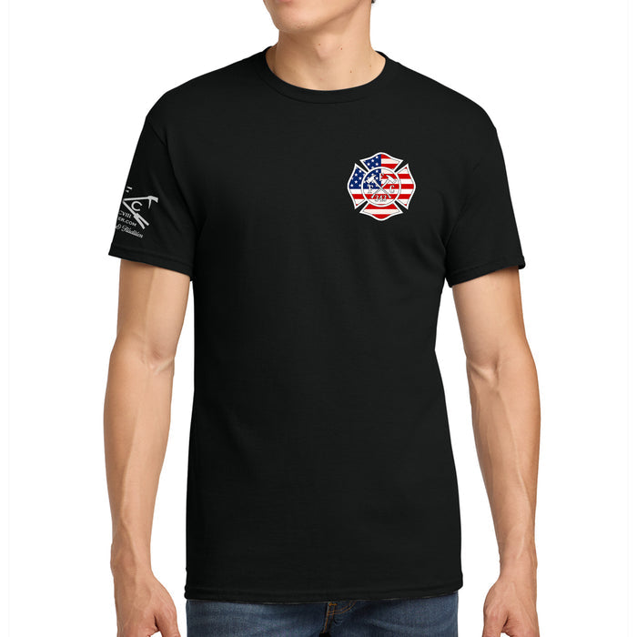 American Brotherhood firefighter T-shirt featuring Maltese Cross and American Flag #color_black