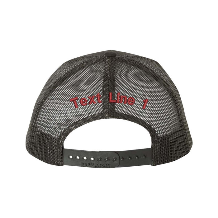 Snapback trucker hat with custom text at the back