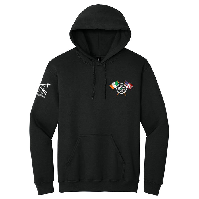 A black pullover hoodie with a drawstring hood and kangaroo pocket, featuring a small multicolor graphic on the left chest and a white graphic on the right sleeve, shown against a plain white background. #color_black