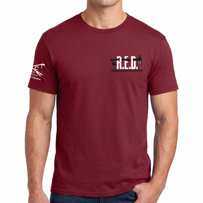A man wearing a maroon short-sleeve t-shirt with the RED Friday Firefighter graphic tee