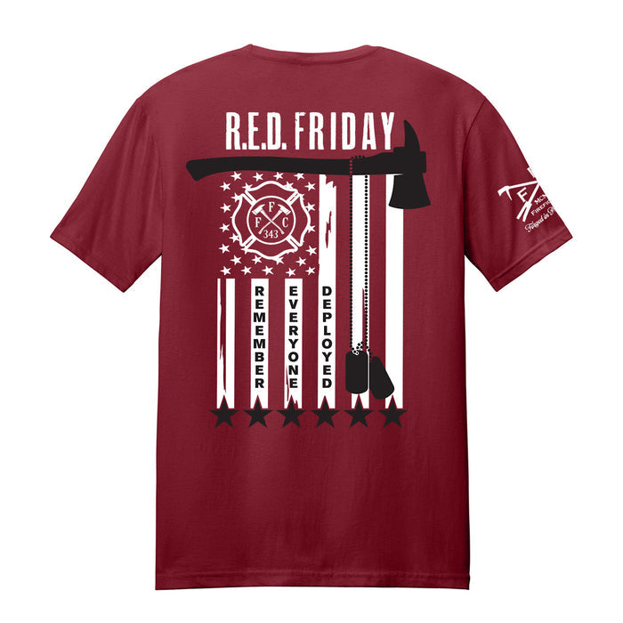 A maroon short-sleeve t-shirt shown from the back, featuring a large RED Friday Firefighter graphic tee