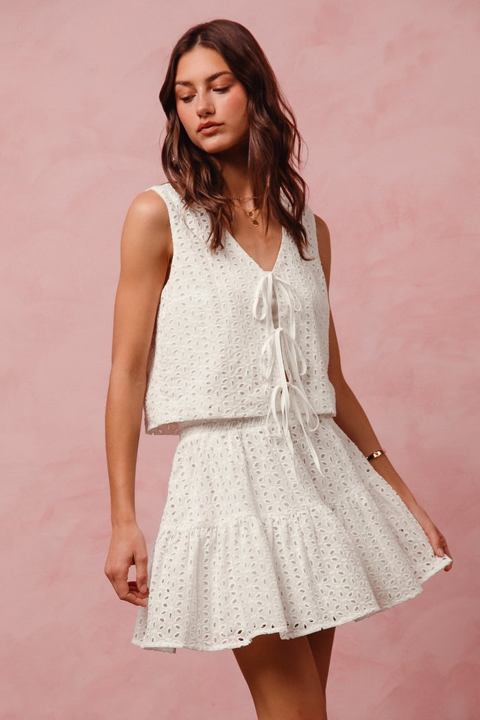 Floral Eyelet Lace Tie Vest Top And Mini Skirt Set