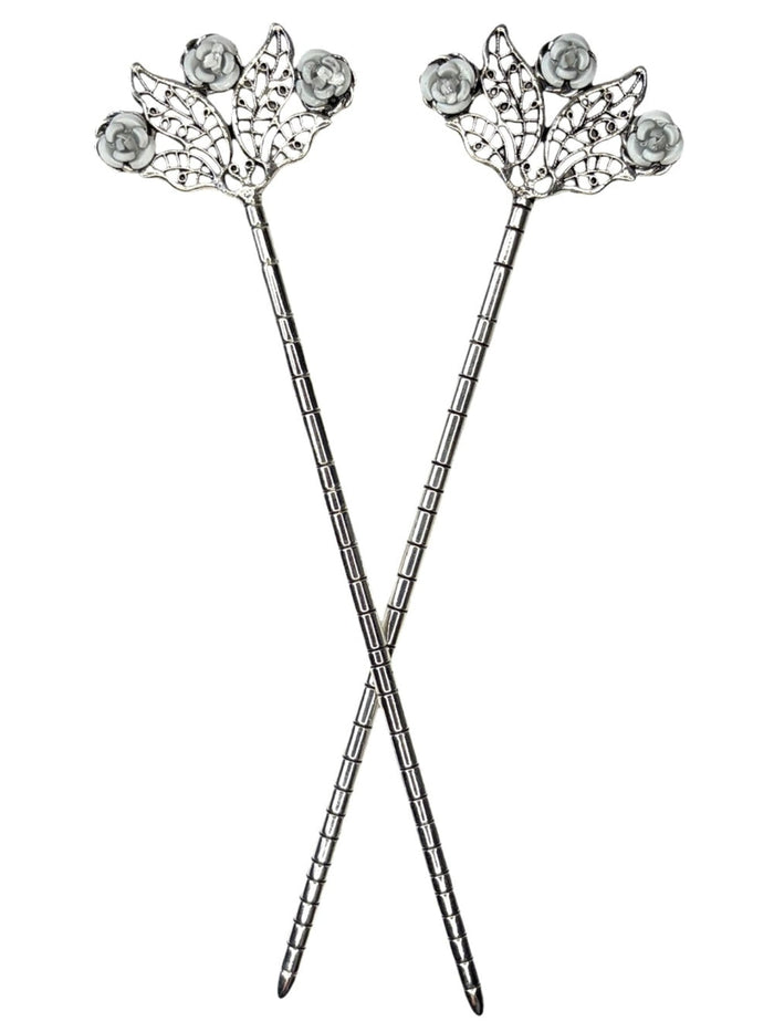 Floral Fan Hair Sticks – Silver filigree flower hair sticks with rose accents, front view on white background.