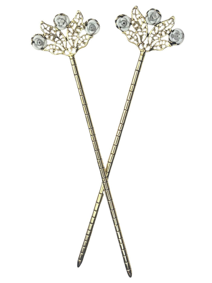 Floral Fan Hair Sticks – Gold floral filigree hair sticks with rose accents, front product view on white background.