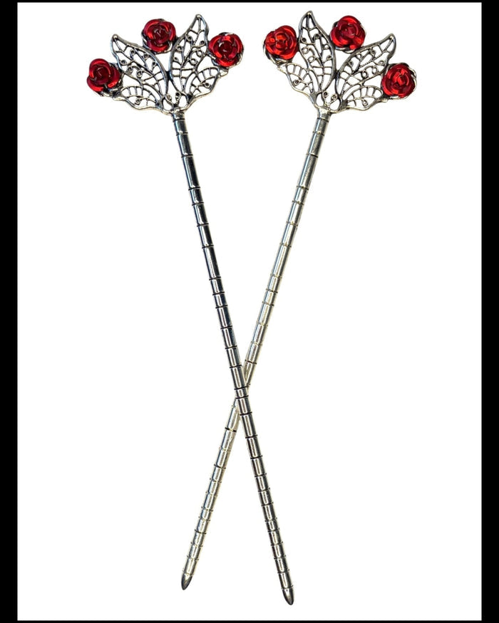 Floral Fan Hair Sticks – Silver floral fan hair sticks with red rose accents, front product view on white background.