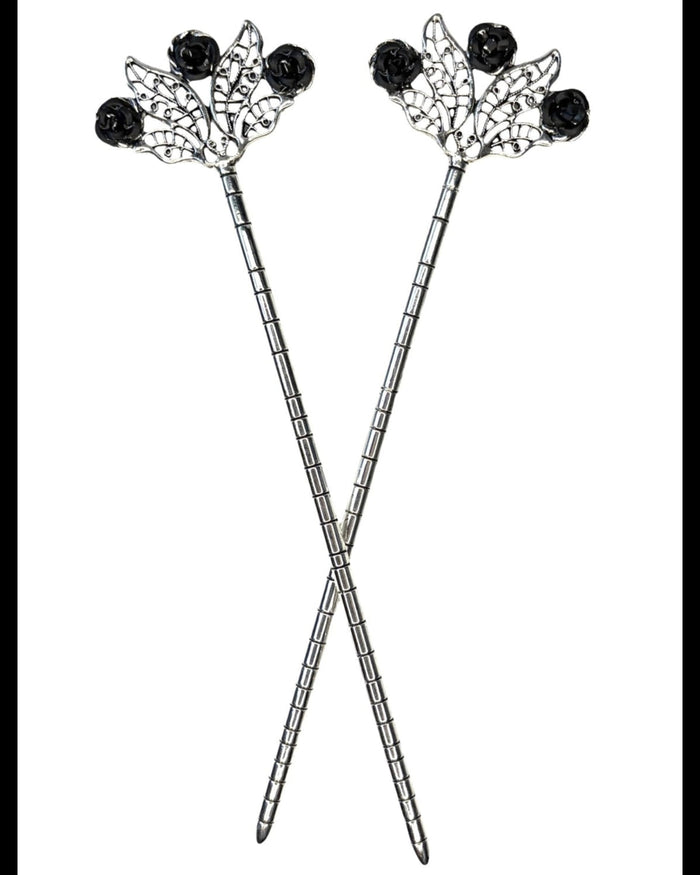 Floral Fan Hair Sticks – Silver floral fan hair sticks with black rose accents, front product view on white background.