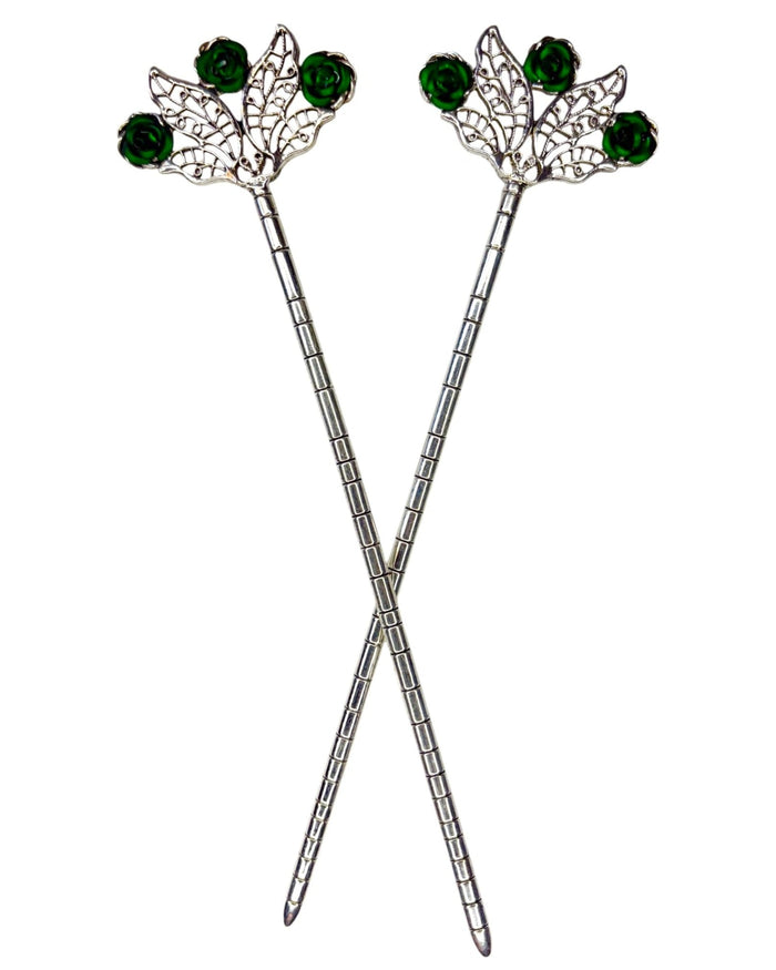Demo video showing Floral Fan Hair Sticks with green rose accents being inserted into a bun and worn from multiple angles to demonstrate secure hold and elegant floral design.