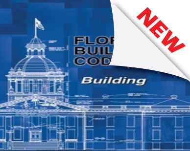 Blue cover with detailed architectural line drawing and a peeling corner showing red "NEW" label for Florida Building Code 2017