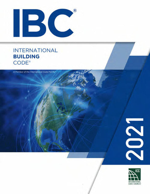 2021 International Building Code book cover featuring a globe and ICC logo in blue and white design