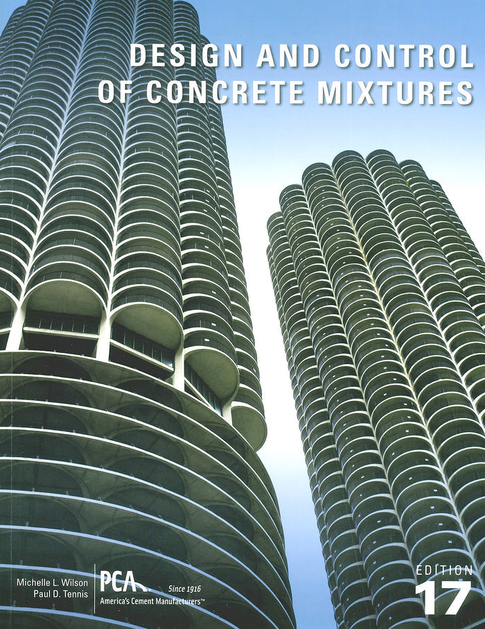 Seventeenth edition book cover titled Design and Control of Concrete Mixtures featuring curved concrete building balconies