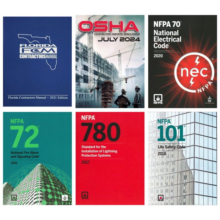 Six standards and code books including Florida Contractors Manual, OSHA, and NFPA electrical safety codes displayed in a grid