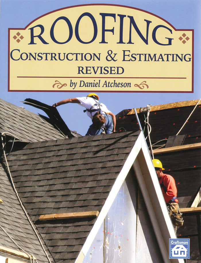 Book cover for Roofing Construction & Estimating Revised 2022 showing workers installing shingles on a roof under clear sky