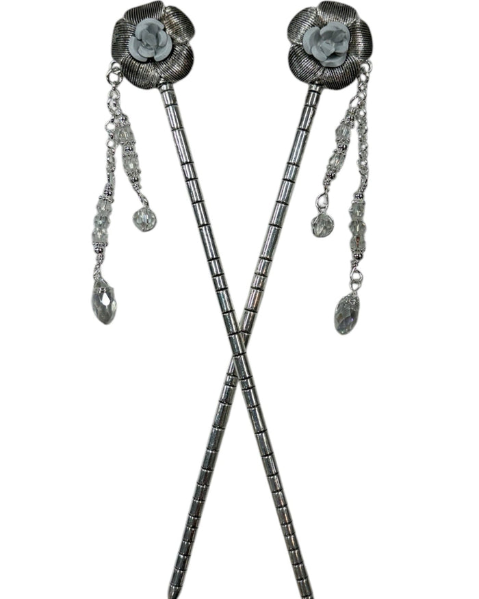 Silver Flower & Bead Hair Sticks with floral design and dangling crystal bead accents, front view.