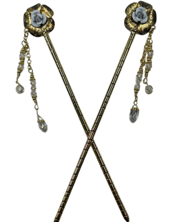 Gold Flower & Bead Hair Sticks with dangling crystal bead accents crossed in front view.