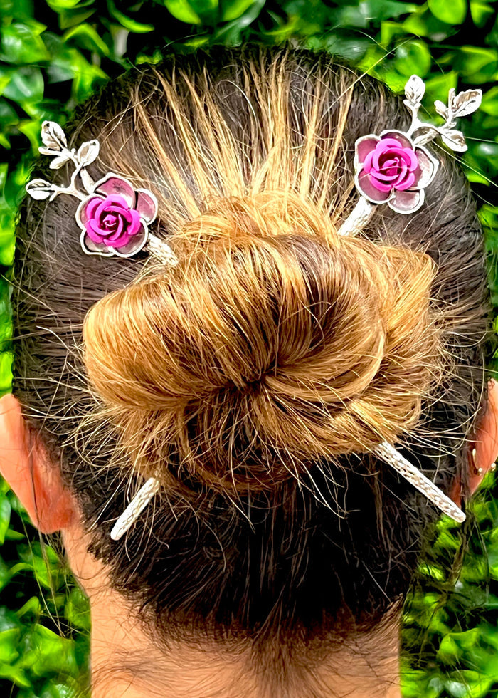 Model wearing Flower Power Hair Sticks - Elegant Rose Romantic Hair Accessories