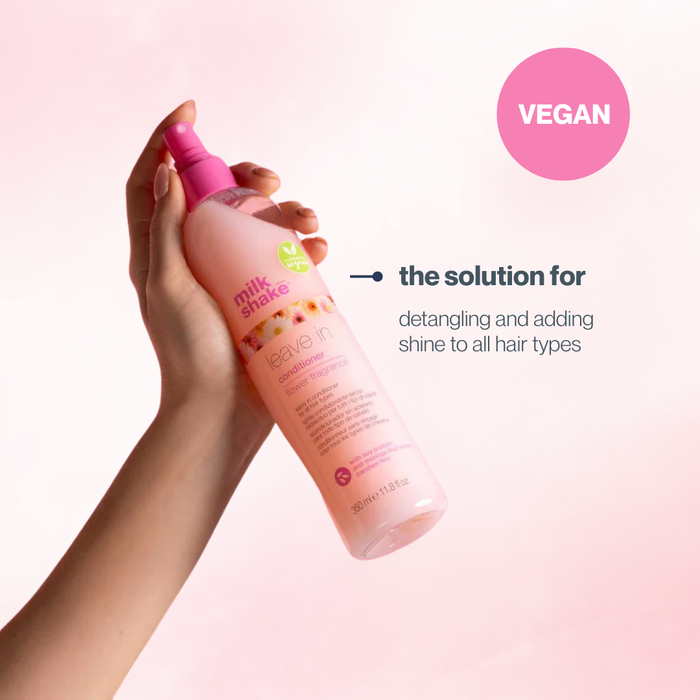 Hand holding a pink bottle of 'milk_shake' hair product with text on a pink background