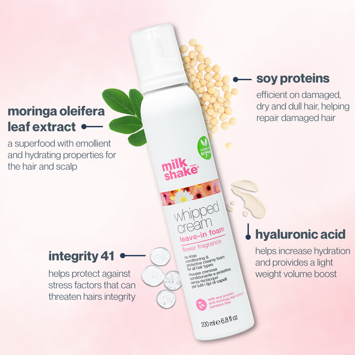 milk_shake whipped cream leave-in foam bottle with ingredients listed on a pink background