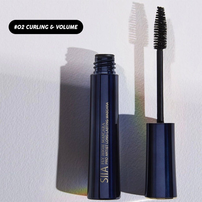 SIIA navy mascara tube and wand shown open on white background highlighting volumizing mascara for long lashes