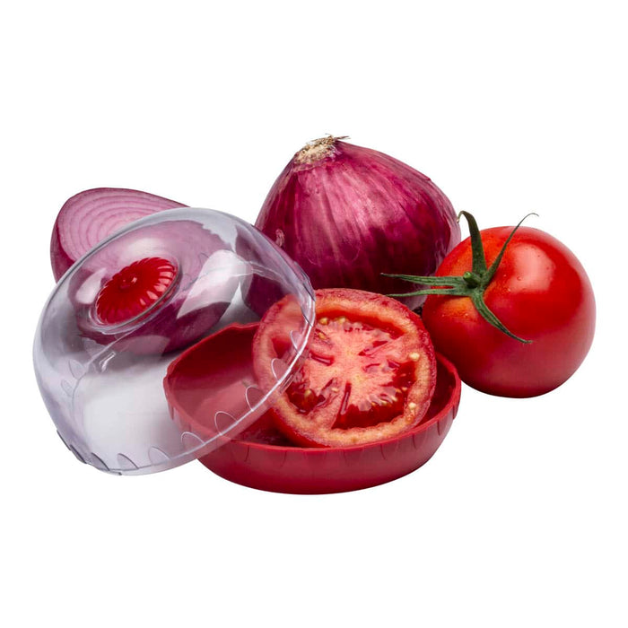 Fruit & veggie fresh keeper pod on a white background with red onions & tomatoes.