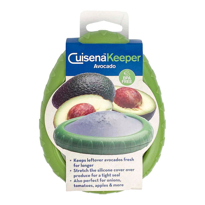 Cuisena Keeper Avocado with green plastic & silicone cover. Cardboard sleeve packaging with avocado illustration on a white background.