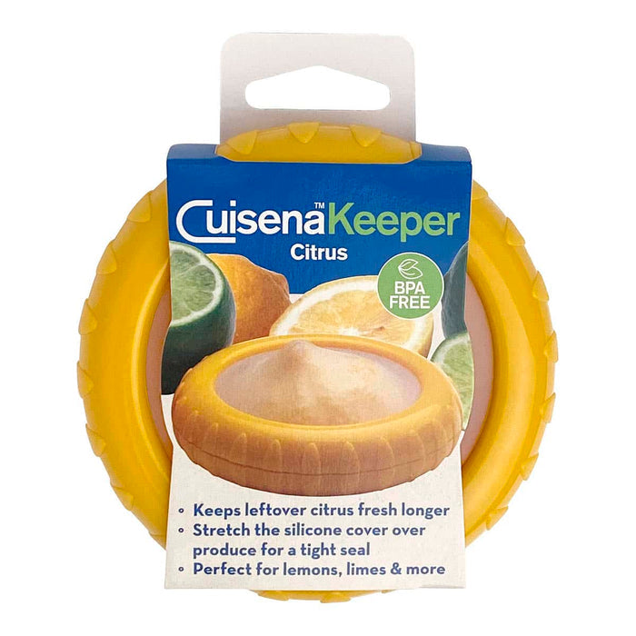 Cuisena Keeper Citrus with yellow plastic & silicone cover. Cardboard sleeve packaging with lemon & lime illustration on a white background.