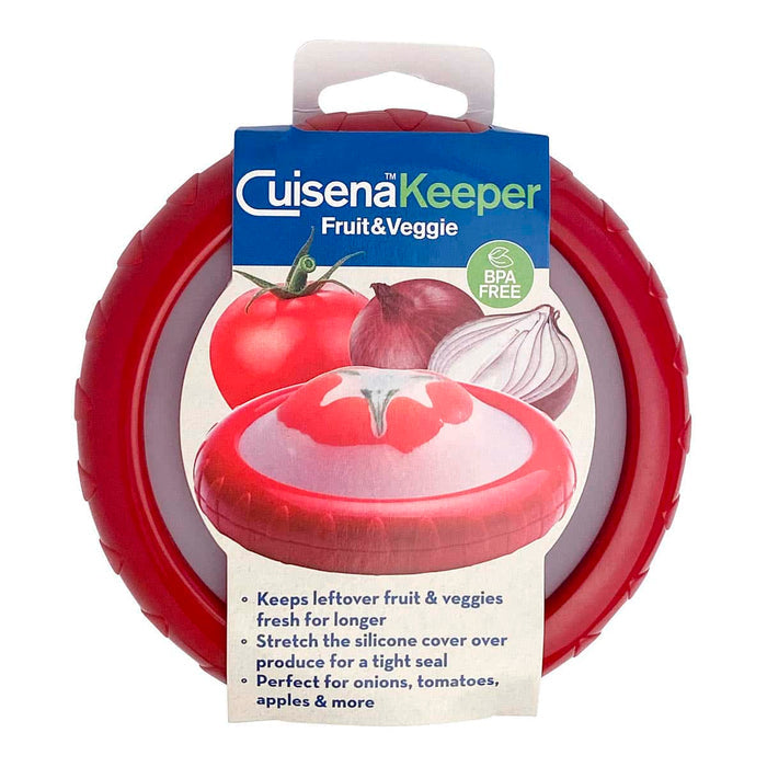 Cuisena Keeper Fruit & Veggie with red plastic & silicone cover. Cardboard sleeve packaging with fruit & veggie illustration on a white background.