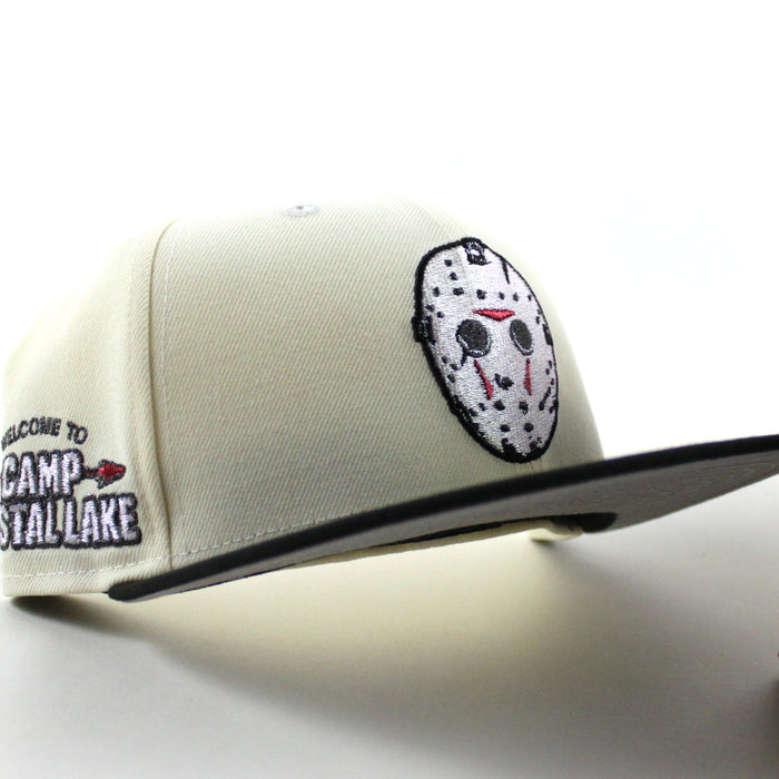 Friday the 13th Jason Mask Camp Crystal Lake Patch New Era 59Fifty Fitted Hat (Chrome White Black Gray Under Brim)