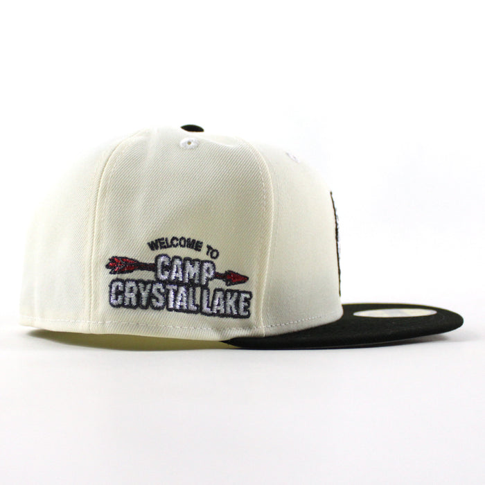 Friday the 13th Jason Mask Camp Crystal Lake Patch New Era 59Fifty Fitted Hat (Chrome White Black Gray Under Brim)