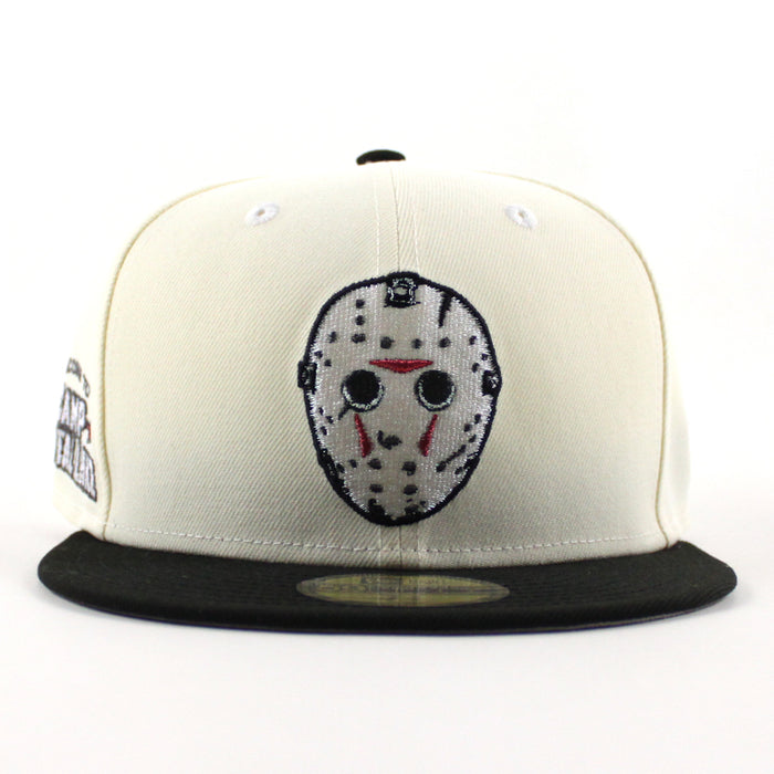 Friday the 13th Jason Mask Camp Crystal Lake Patch New Era 59Fifty Fitted Hat (Chrome White Black Gray Under Brim)
