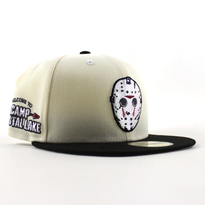 Friday the 13th Jason Mask Camp Crystal Lake Patch New Era 59Fifty Fitted Hat (Chrome White Black Gray Under Brim)