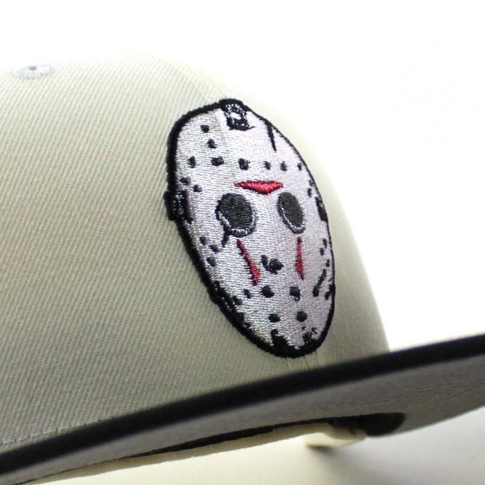 Friday the 13th Jason Mask Camp Crystal Lake Patch New Era 59Fifty Fitted Hat (Chrome White Black Gray Under Brim)