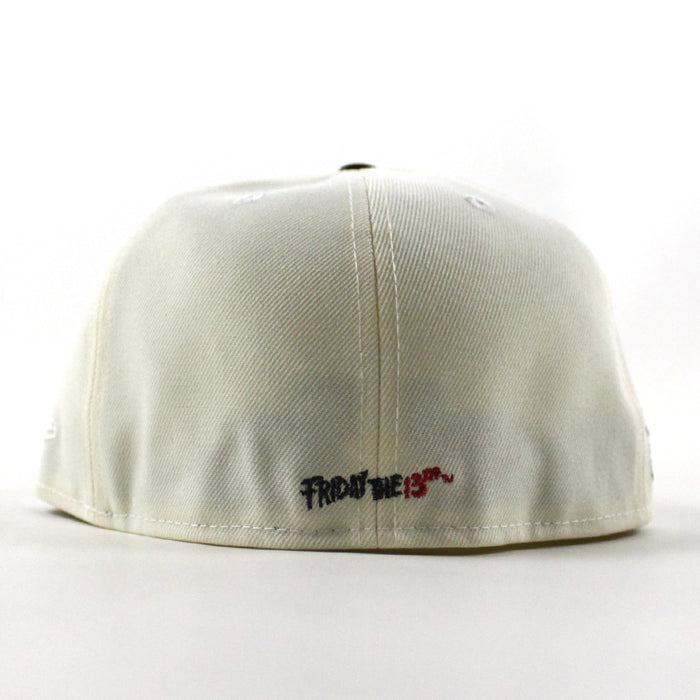 Friday the 13th Jason Mask Camp Crystal Lake Patch New Era 59Fifty Fitted Hat (Chrome White Black Gray Under Brim)