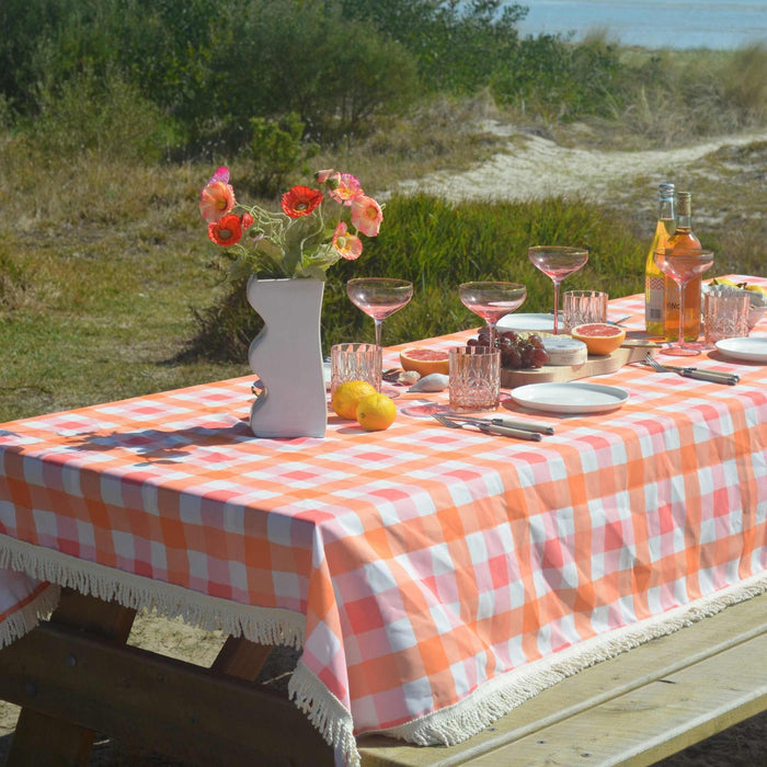 Fringed Tablecloth Watermelon Peach Check
