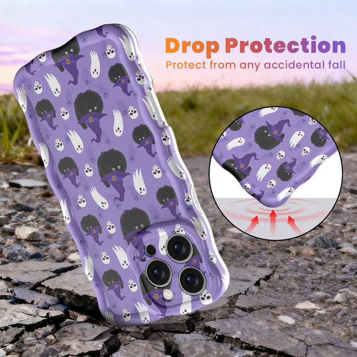 Drop protection diagram for the Ghostly Whisker's Wavy Luxe MagSafe iPhone case, with a close-up of the cushioned corner on pavement.