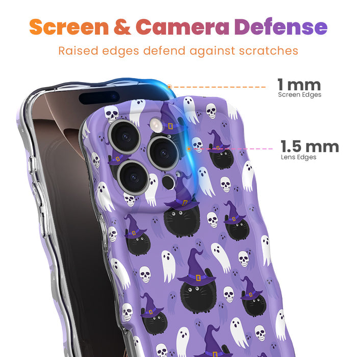 Screen and camera defense diagram for the Ghostly Whisker's MagSafe iPhone case showing 1 mm raised screen edges and 1.5 mm lens edges.